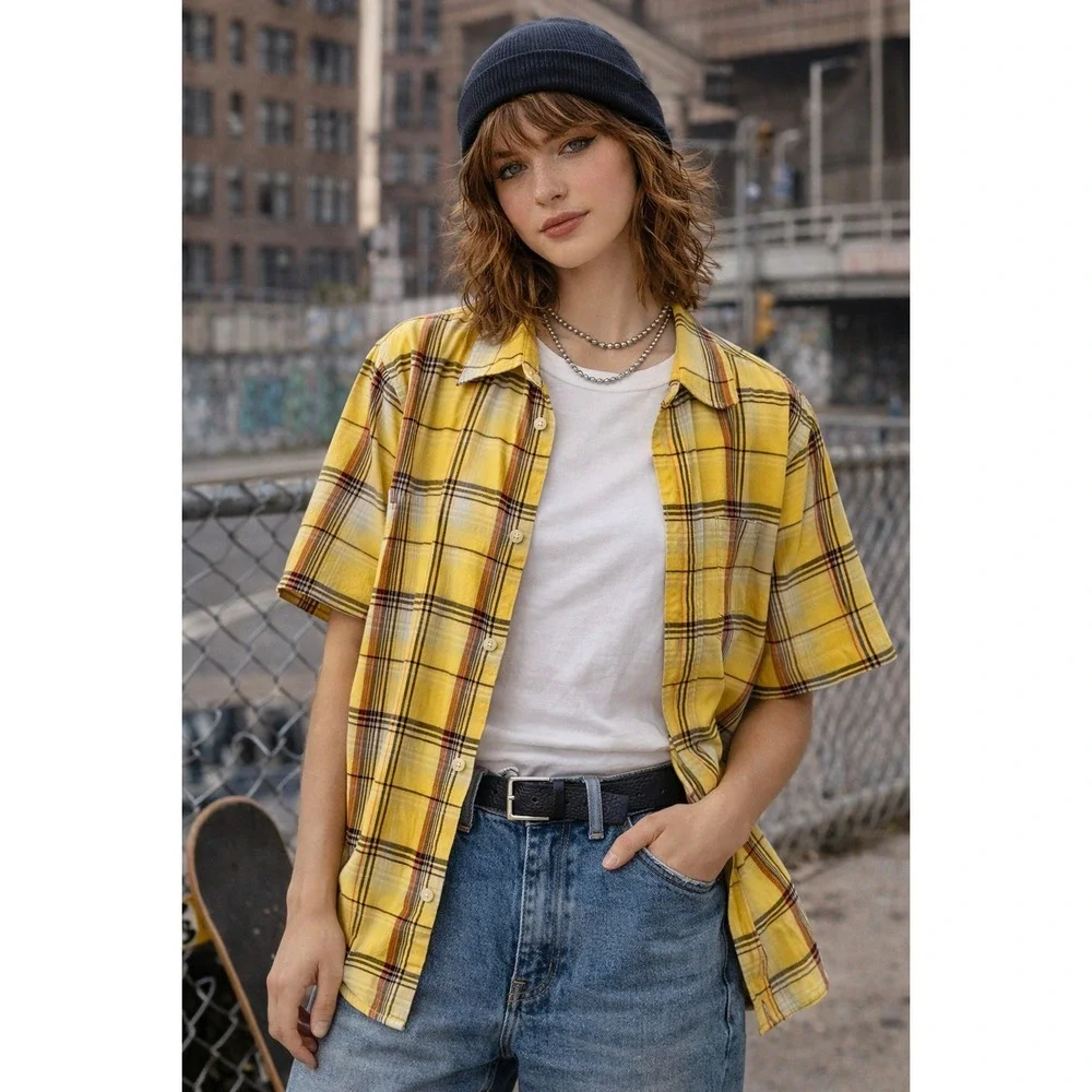 Urban Pipeline Plaid Shirt Yellow‎ Button Up Short Sleeve NWT XL Boys
